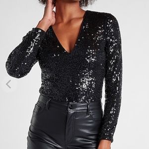 Sequin Deep V-Neck Thong Bodysuit